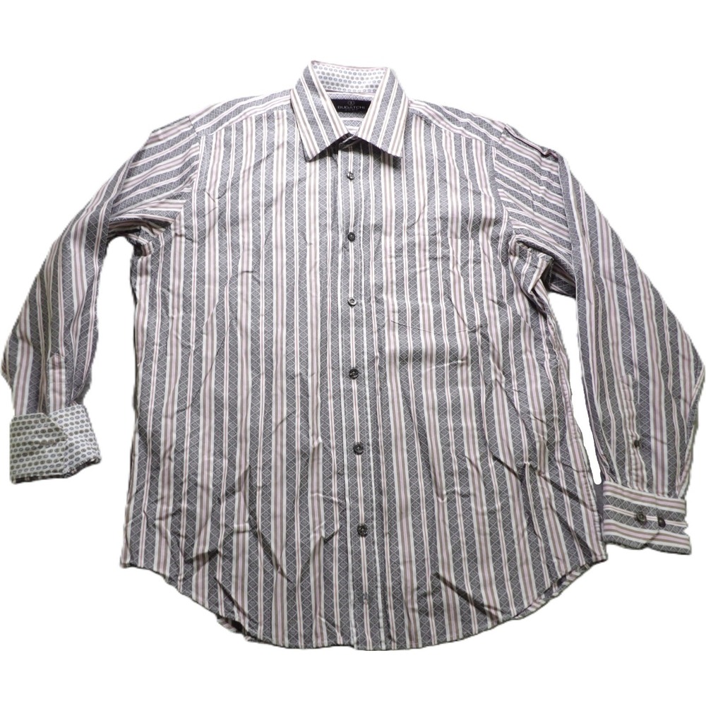 Bugatchi Uomo Button Up Shirt Men Medium Gray Striped Long Sleeves Cotton Casual